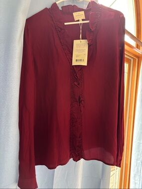 Sézane Burgundy Ruffled V-Neck Blouse